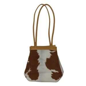 Nine West Tan Leather Brown White Cow Animal Hair Print Satchel Bucket Bag Purse